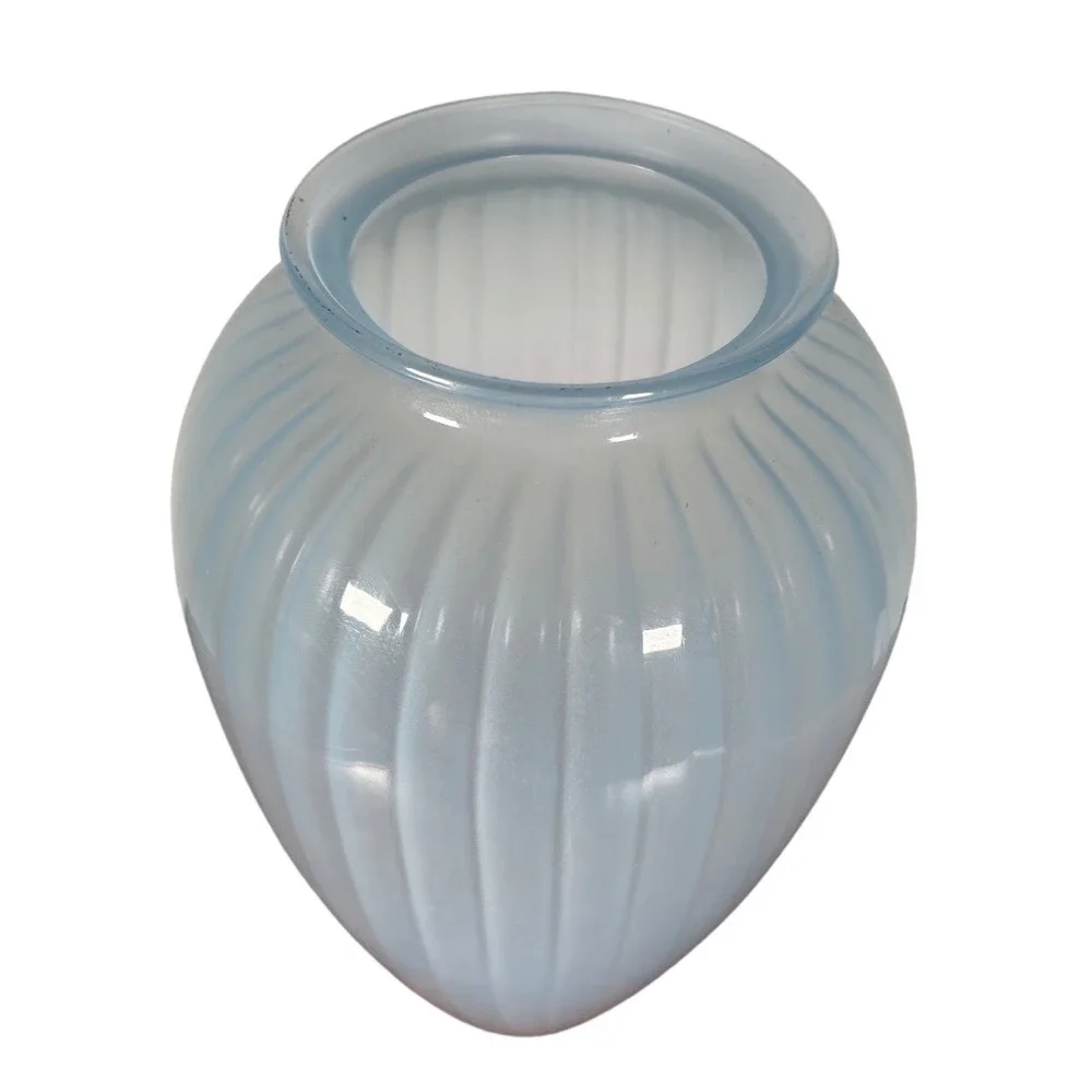 Vintage Light Blue Satin Frosted Glass Ribbed Optic Tapered Flower Vase 12.5